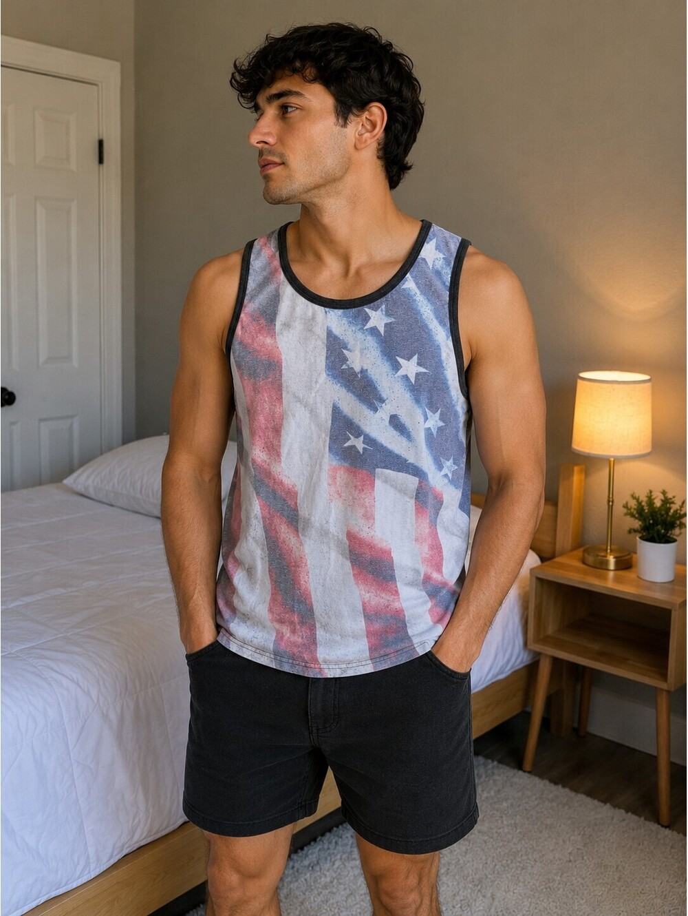 Levi's Men's Large Tank Top with Faded American Flag Print, Black Trim